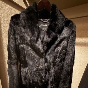 Guess Women's XS Rabbit Fur Long Black Coat